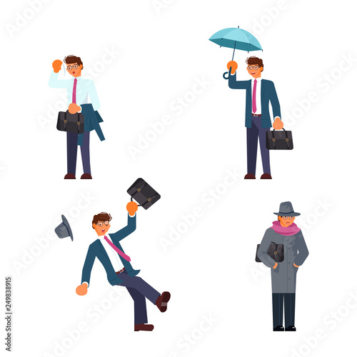 Set of businessman in different seasons and weather