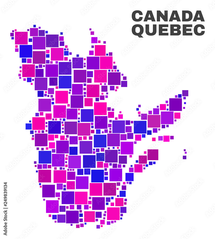 Mosaic Quebec Province map isolated on a white background. Vector geographic abstraction in pink and violet colors. Mosaic of Quebec Province map combined of random square items.