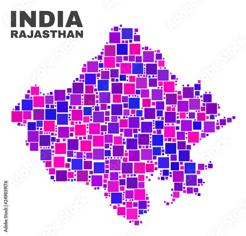 Mosaic Rajasthan State map isolated on a white background. Vector geographic abstraction in pink and violet colors. Mosaic of Rajasthan State map combined of random small squares.