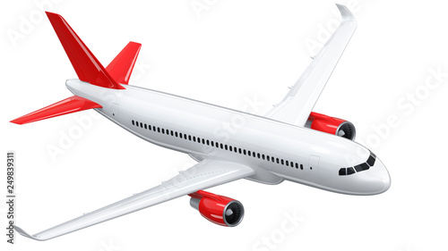 High detailed white airliner with a red tail wing, 3d render on a white background. Airplane makes a turn, isolated 3d illustration. Airline Concept Travel Passenger plane. Jet commercial airplane