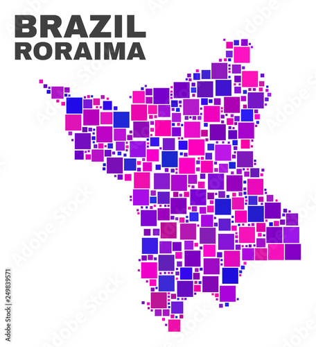Mosaic Roraima State map isolated on a white background. Vector geographic abstraction in pink and violet colors. Mosaic of Roraima State map combined of scattered small squares.