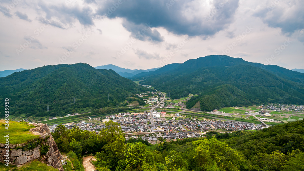 Photo of the panoramic view taken from the top of Takeda Castle Ruins located in Hyogo Prefecture's Asago City in Japan, which is a famous and popular side trip from nearby Himeji.