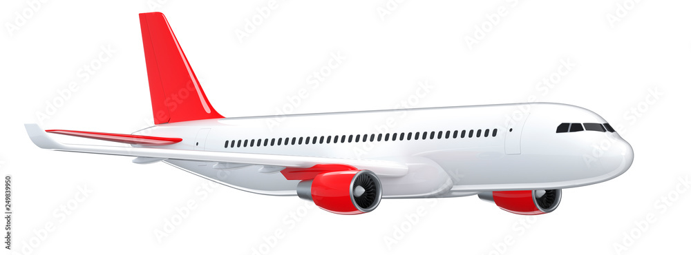 High detailed white airliner, 3d render on a white background. Side view of airplane, isolated 3d illustration. Airline Concept Travel Passenger plane. Jet commercial airplane