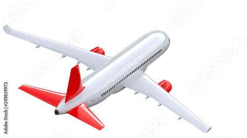 High detailed white airliner with a red tail wing, 3d render on a white background. Back view of Airplane, isolated 3d illustration. Airline Concept Travel Passenger plane. Jet commercial airplane photo