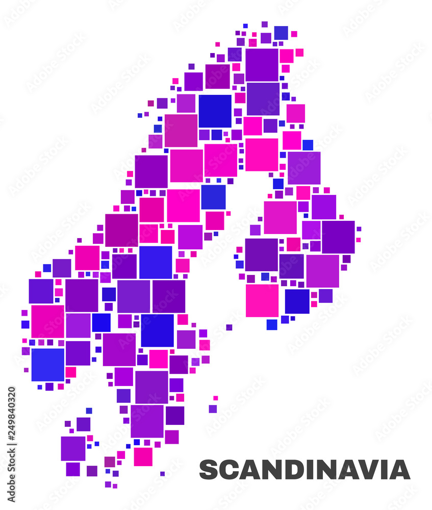 Fototapeta premium Mosaic Scandinavia map isolated on a white background. Vector geographic abstraction in pink and violet colors. Mosaic of Scandinavia map combined of random small squares.