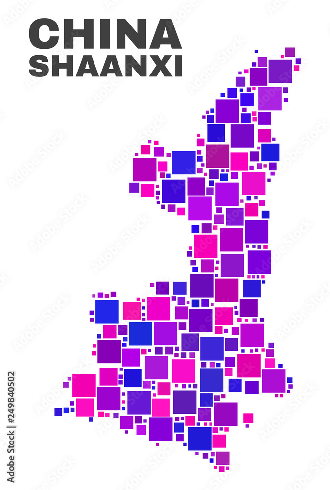 Fototapeta premium Mosaic Shaanxi Province map isolated on a white background. Vector geographic abstraction in pink and violet colors. Mosaic of Shaanxi Province map combined of random small squares.