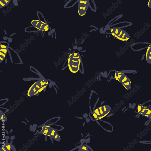 Bees Hand drawing Seamless pattern Black background