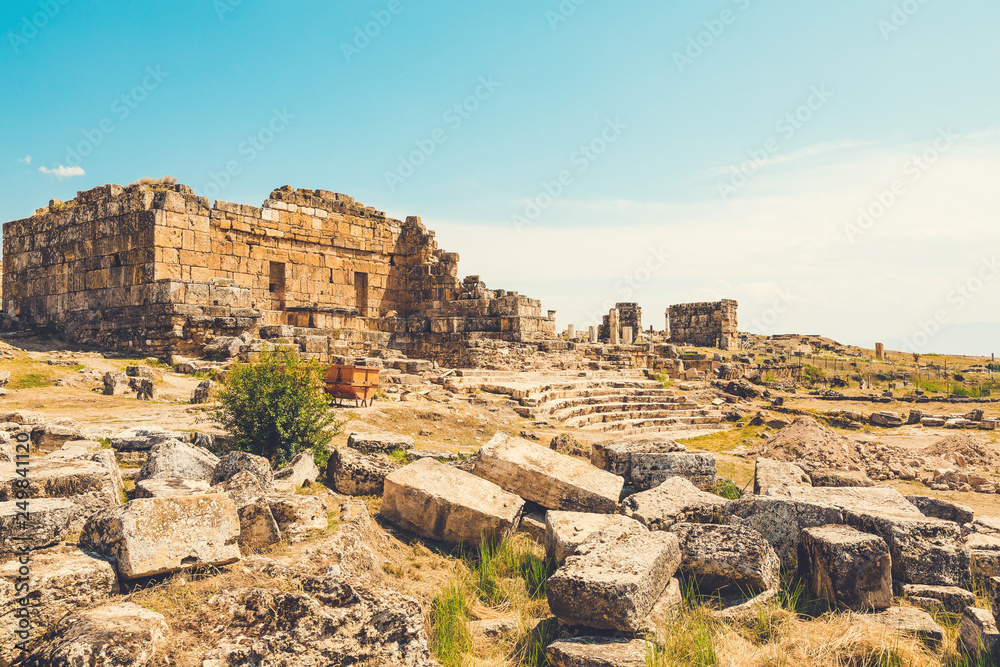 Panorama ancient Greco Roman city. Ruins of ancient city, Hierapolis in Pamukkale, Turkey. Ruined ancient city in Europe. Marmaris is popular tourist destination in Turkey