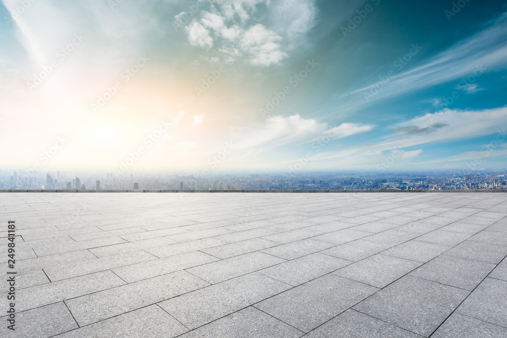 Panoramic city skyline and buildings with empty square floor in Shanghai,high angle view