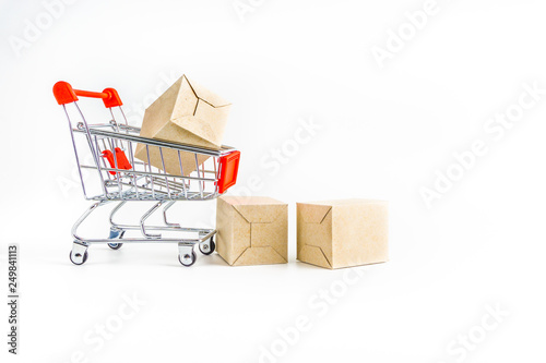 Shopping cart and box isolated on white background , business , shopping concept. Selective focus