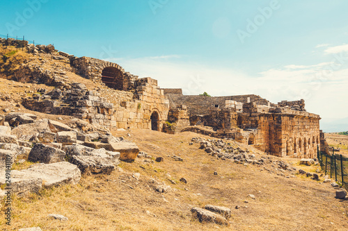 Panorama ancient Greco Roman city. Ruins of ancient city, Hierapolis in Pamukkale, Turkey. Ruined ancient city in Europe. Marmaris is popular tourist destination in Turkey