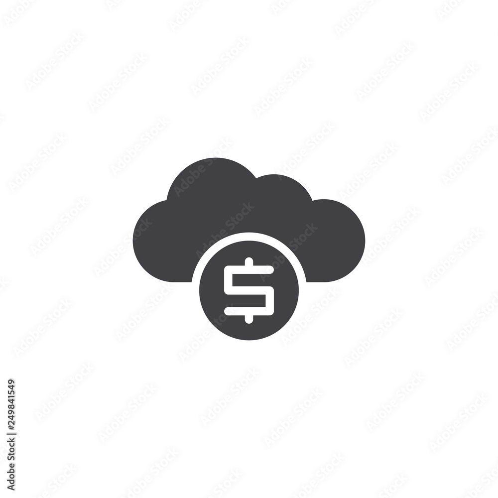 Cloud money vector icon. filled flat sign for mobile concept and web design. Dollar coin with cloud computing simple glyph icon. Symbol, logo illustration. Pixel perfect vector graphics