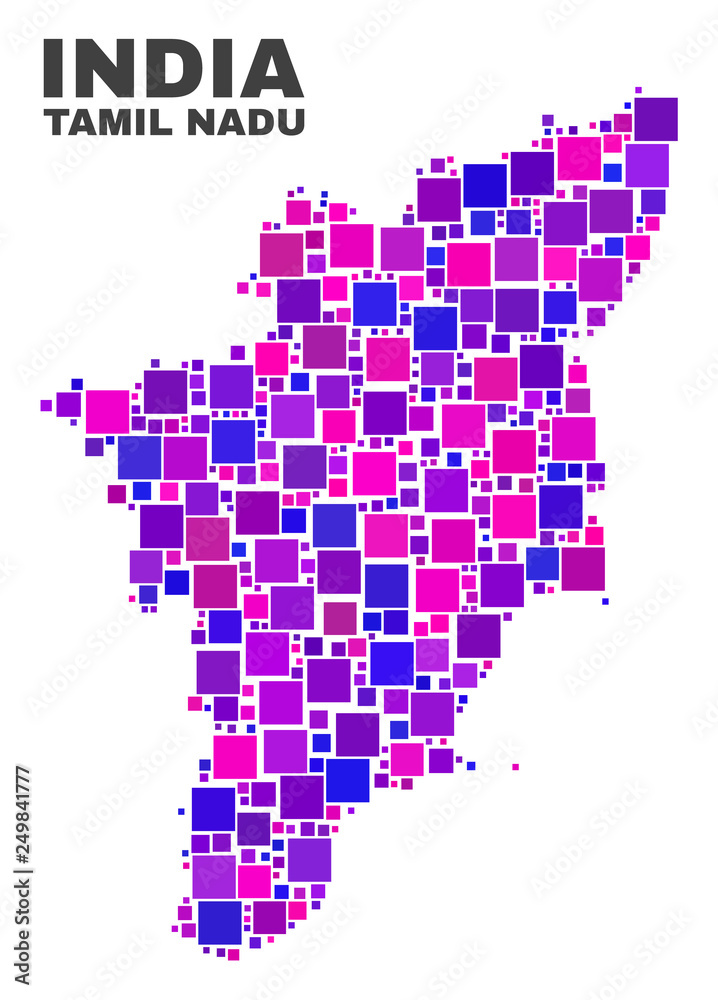 Mosaic Tamil Nadu State map isolated on a white background. Vector geographic abstraction in pink and violet colors. Mosaic of Tamil Nadu State map combined of random square elements.