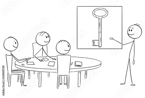 Cartoon stick figure drawing conceptual illustration of business management team on brainstorming , businessman is presenting key image representing problem solution.