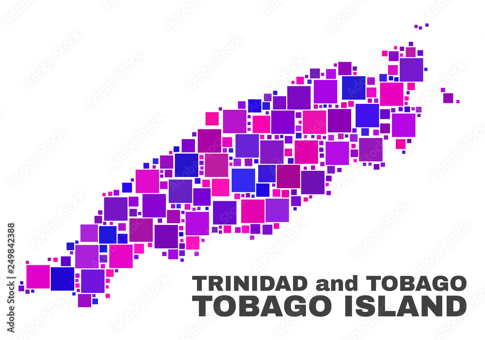 Fototapeta premium Mosaic Tobago Island map isolated on a white background. Vector geographic abstraction in pink and violet colors. Mosaic of Tobago Island map combined of scattered square items.