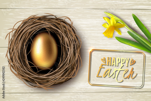 Created in realism egg in the nest on the background of a wooden table