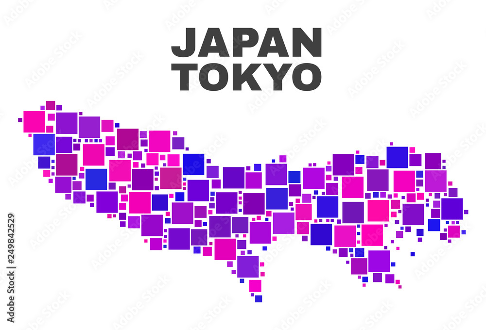 Obraz premium Mosaic Tokyo Prefecture map isolated on a white background. Vector geographic abstraction in pink and violet colors. Mosaic of Tokyo Prefecture map combined of random square elements.