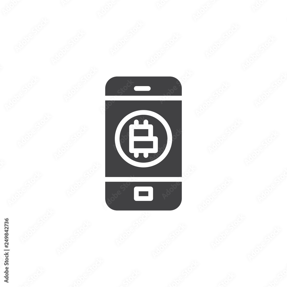Cryptocurrency mobile payment vector icon. filled flat sign for mobile concept and web design. Bitcoin digital money and smartphone simple glyph icon. Symbol, logo illustration. Pixel perfect vector