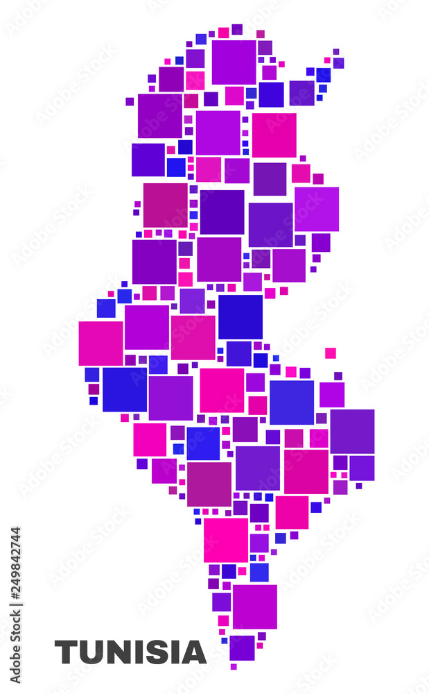 Mosaic Tunisia map isolated on a white background. Vector geographic abstraction in pink and violet colors. Mosaic of Tunisia map combined of scattered square elements.