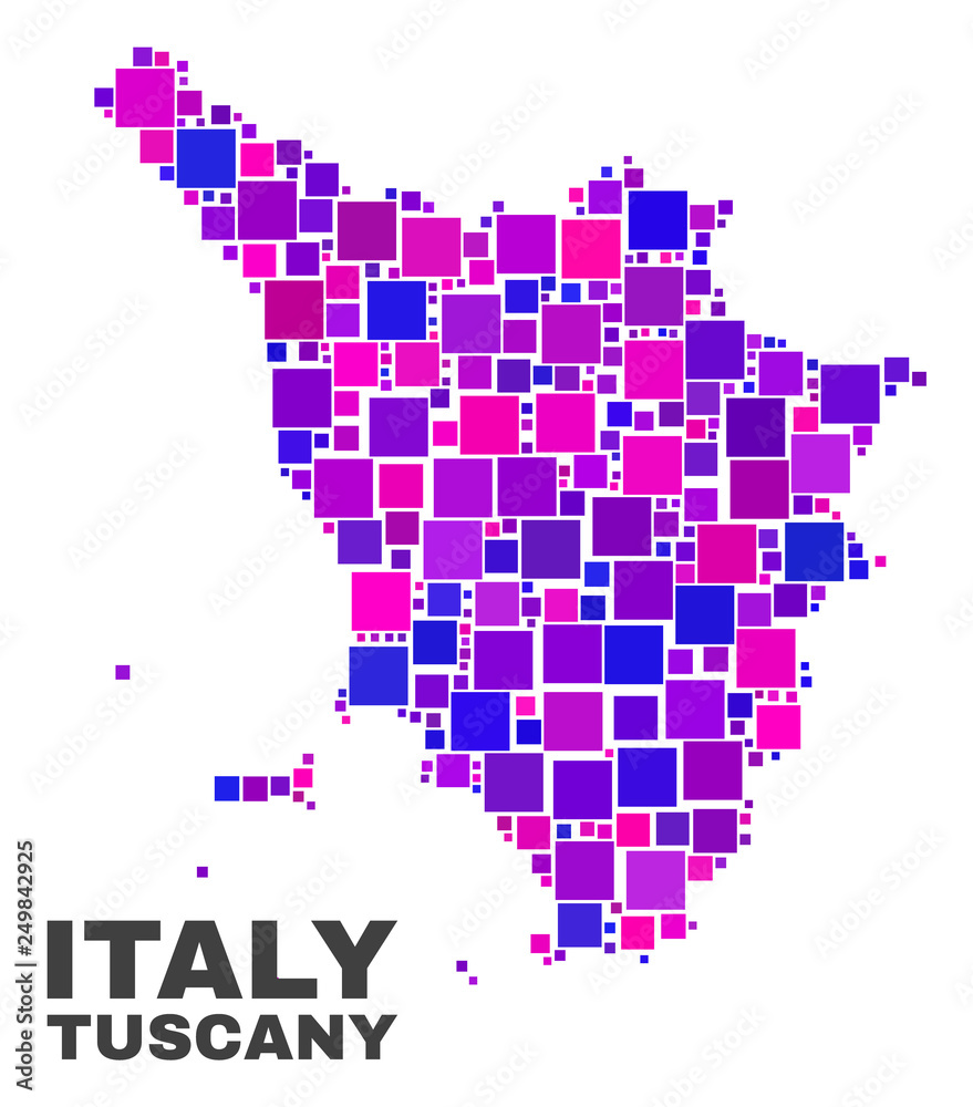 Mosaic Tuscany region map isolated on a white background. Vector geographic abstraction in pink and violet colors. Mosaic of Tuscany region map combined of random small squares.