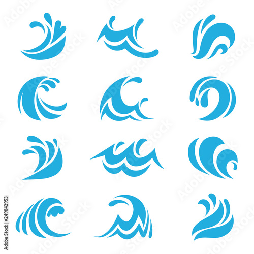Sea wave set. Ocean storm tide waves wavy river water design line elements vector isolated collection