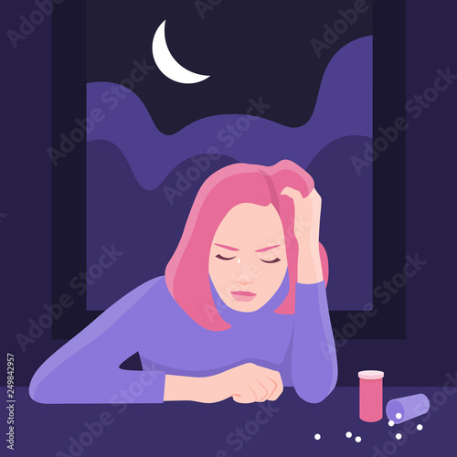 The girl does not sleep at night. A young woman sits in a dark room and cries. Depression and insomnia. Vector flat illustration