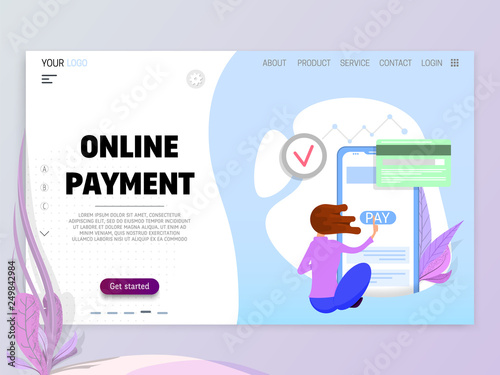 The concept of online payment by card. Tiny woman makes a payment on a huge smartphone, flat cartoon illustration.