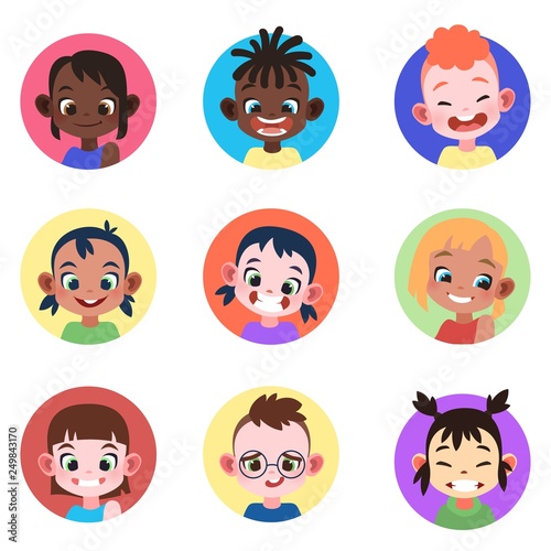 Children avatar. Faces childhood cute kids boys girls avatars head child profile portrait character web user