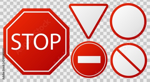 Traffic stop signs. Red police restricted road sign to enter stop danger isolated vector icon set photo