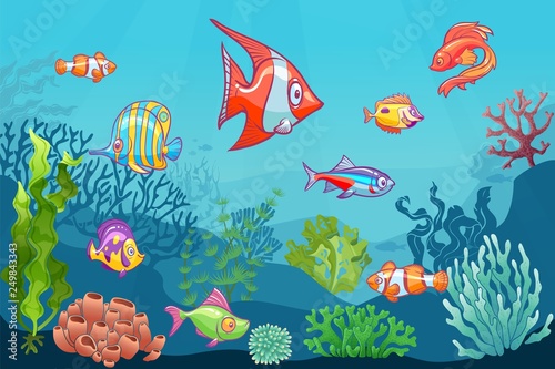 Underwater seascape. Cartoon aquatic sea wild life on bottom vector background. Fish clown coral seaweed kid set