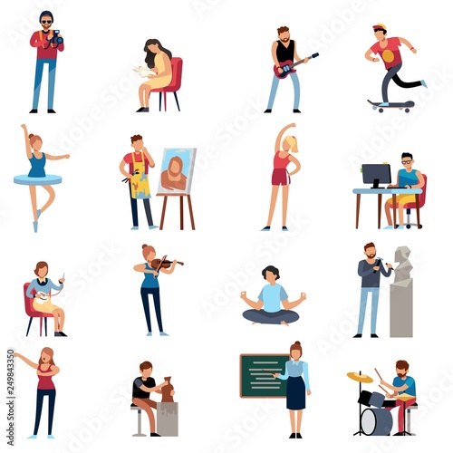 People hobbies. Photographer happy teenage artist writer illustrator designer cartoon vector set photo