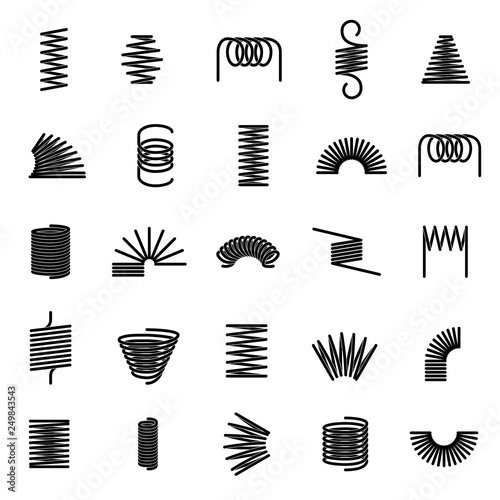 Metal springs. Twisted spiral, flexible coil wire suspension black spring vector line icons