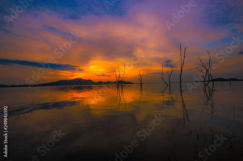 An abstract background of colorful, evening sky on the lake, beautiful in nature, with an artistic beauty.