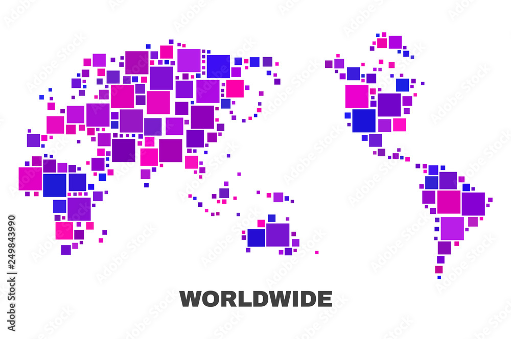 Mosaic Worldwide map isolated on a white background. Vector geographic abstraction in pink and violet colors. Mosaic of Worldwide map combined of scattered small squares. Mosaic Worldwide map isolated on a white background. Vector geographic abstraction in pink and violet colors. Mosaic of Worldwide map combined of scattered small squares.