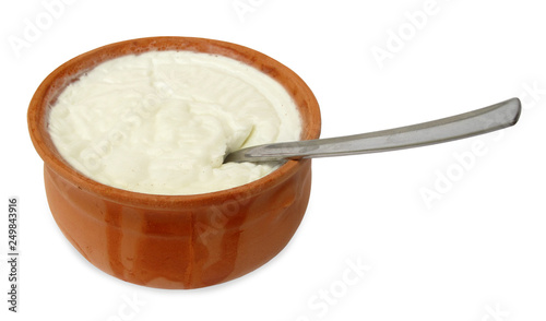 Yogurt or yoghurt sour cream in clay pot