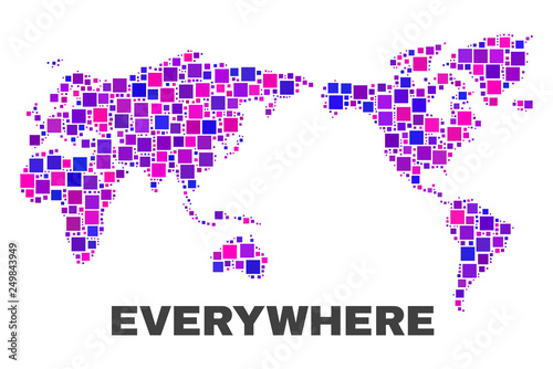 Mosaic World map isolated on a white background. Vector geographic abstraction in pink and violet colors. Mosaic of World map combined of random small squares.