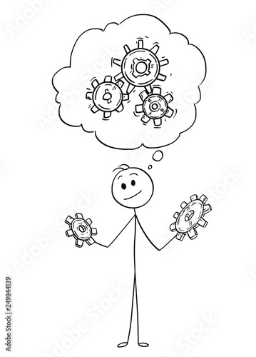 Cartoon stick figure drawing conceptual illustration of man or businessman holding two cogwheels and thinking about problem solution.