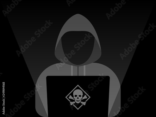 Hacker at laptop icon. Flat illustration of hacker at laptop vector icon for web design