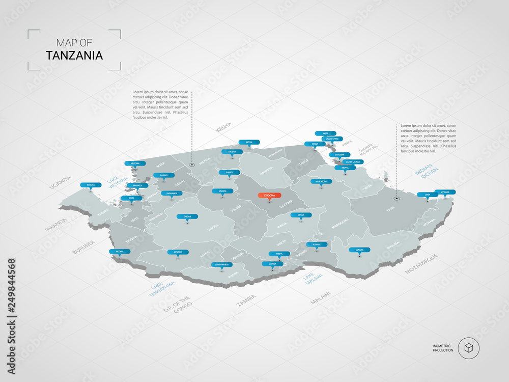 Isometric 3D Tanzania map. Stylized vector map illustration with cities ...