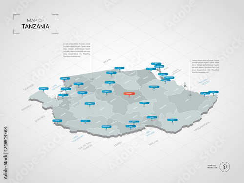 Isometric 3D Tanzania map. Stylized vector map illustration with cities, borders, capital, administrative divisions and pointer marks; gradient background with grid.