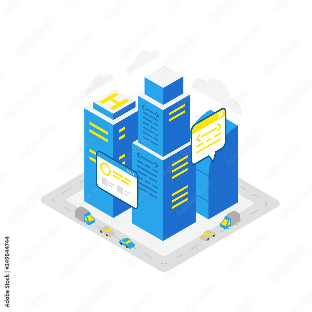 Smart city data infrastructure server isometric concept. Blue colors infographic icon Smart city data infrastructure server isometric concept. Blue colors infographic icon