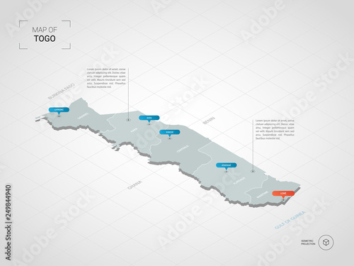 Isometric 3D Togo map. Stylized vector map illustration with cities, borders, capital, administrative divisions and pointer marks; gradient background with grid.