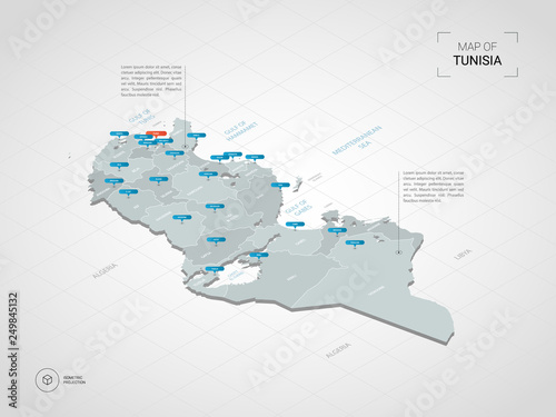 Isometric 3D Tunisia map. Stylized vector map illustration with cities, borders, capital, administrative divisions and pointer marks; gradient background with grid.