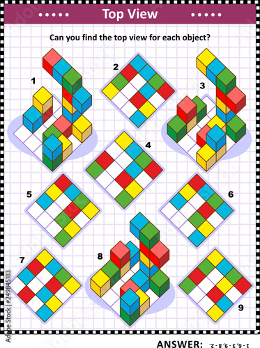 Educational math puzzle: Find the top view for each of the toy blocks structures. Answer included.
