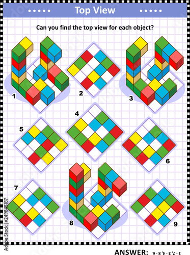 Educational math puzzle: Find the top view for each of the toy blocks structures. Answer included.