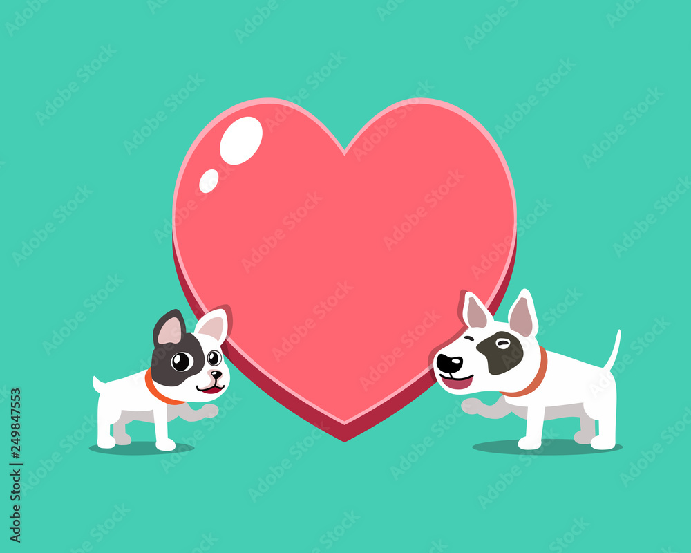 Cartoon character french bulldog and bull terrier dog with big heart for design.