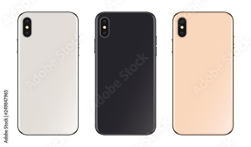 The back of the smartphone with a dual camera. Silver, black and gold colors, in high detail.