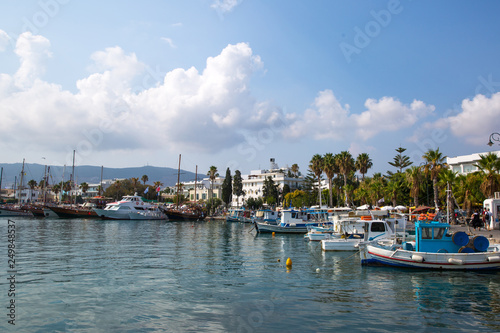 Fishing and tourist boats and and palm trees alley near Kos island coastline, Greece. 