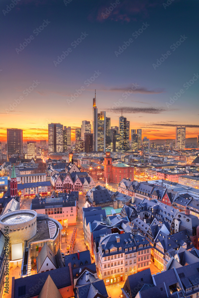 Frankfurt am Main, Germany. Aerial cityscape image of Frankfurt am Main skyline during beautiful sunset.