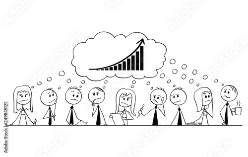 Cartoon stick figure drawing conceptual illustration of big team of businessmen and businesswoman having brainstorming thinking about success and growth.